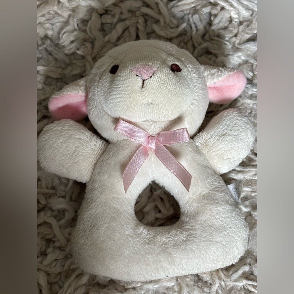 Plush Lamb Baby Rattle with Pink Bow